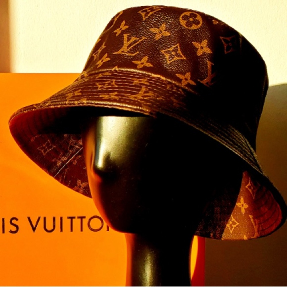 Louis Vuitton LV Brown Calf Skin Leather Monogram Jacquard Brown Bucket Hat - Picture 12 of 16